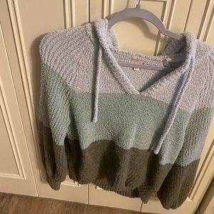 SO hoodie green and light blue striped sweater with hoodie